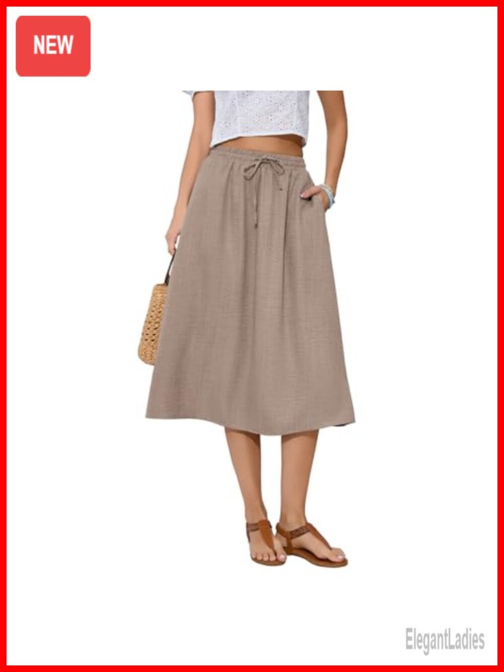 Boho High Waist Pleated Flowy Midi Skirt A-Line with Pockets